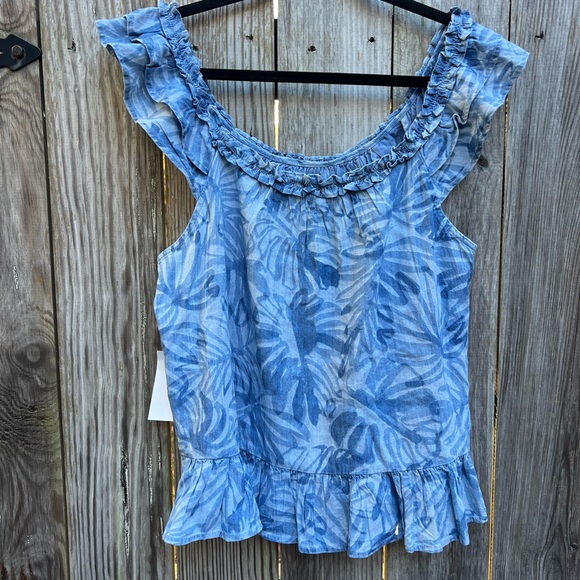 NAUTICA JEANS Denim Blue Tropical Off Ruffle Shoulder Shirt Top W Large NWT - Picture 9 of 10